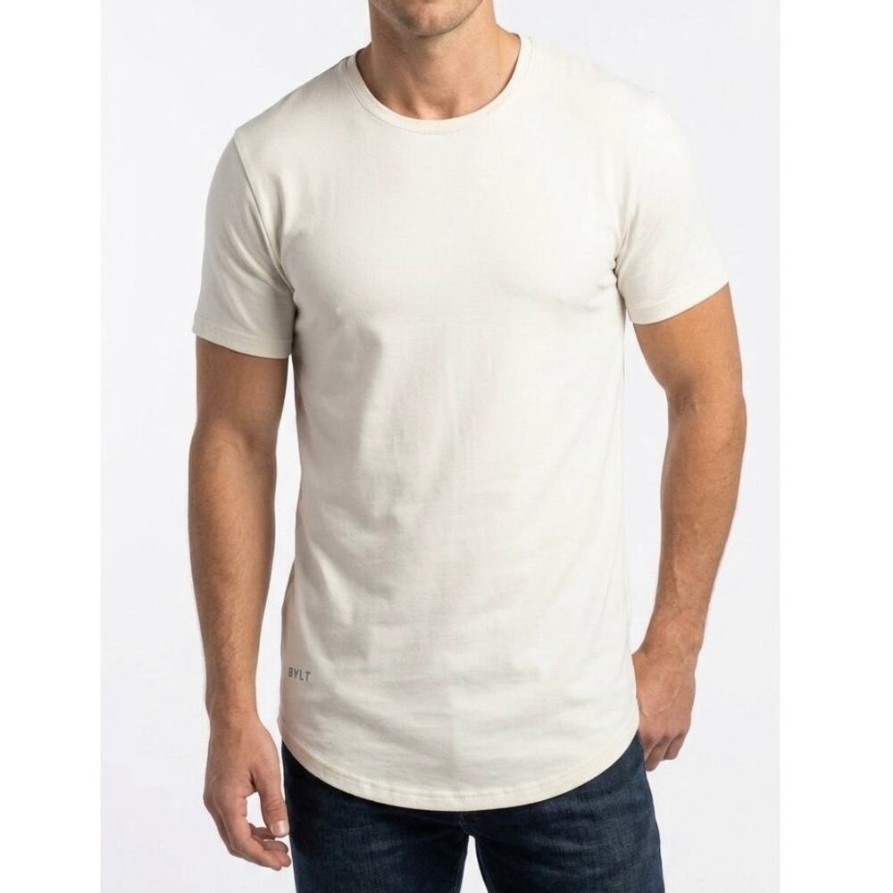 BYLT Men’s Drop-Cut LUX Short Sleeve T-Shirt Bone Cream Crew Neck Casual Size M